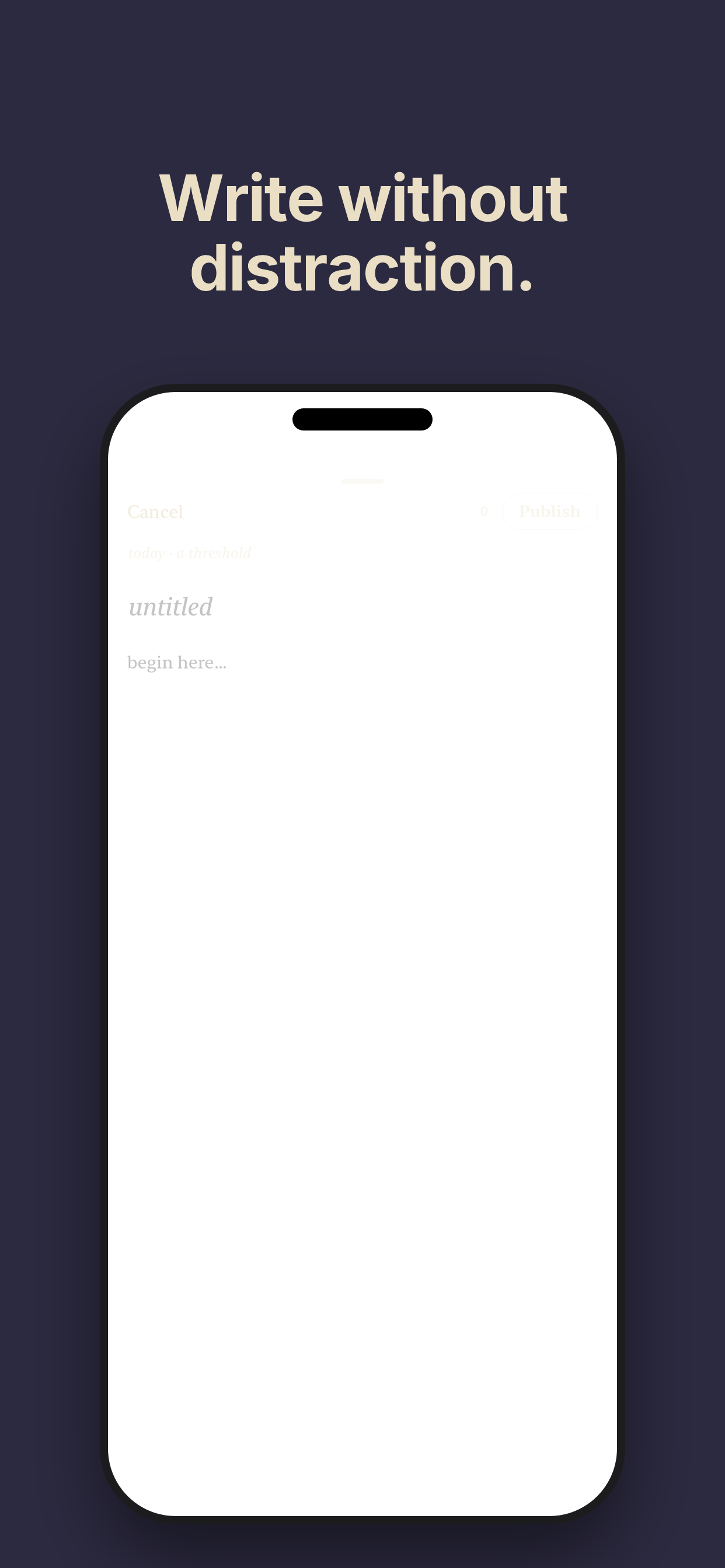 Poema write editor showing 'untitled — begin here...' with clean distraction-free interface