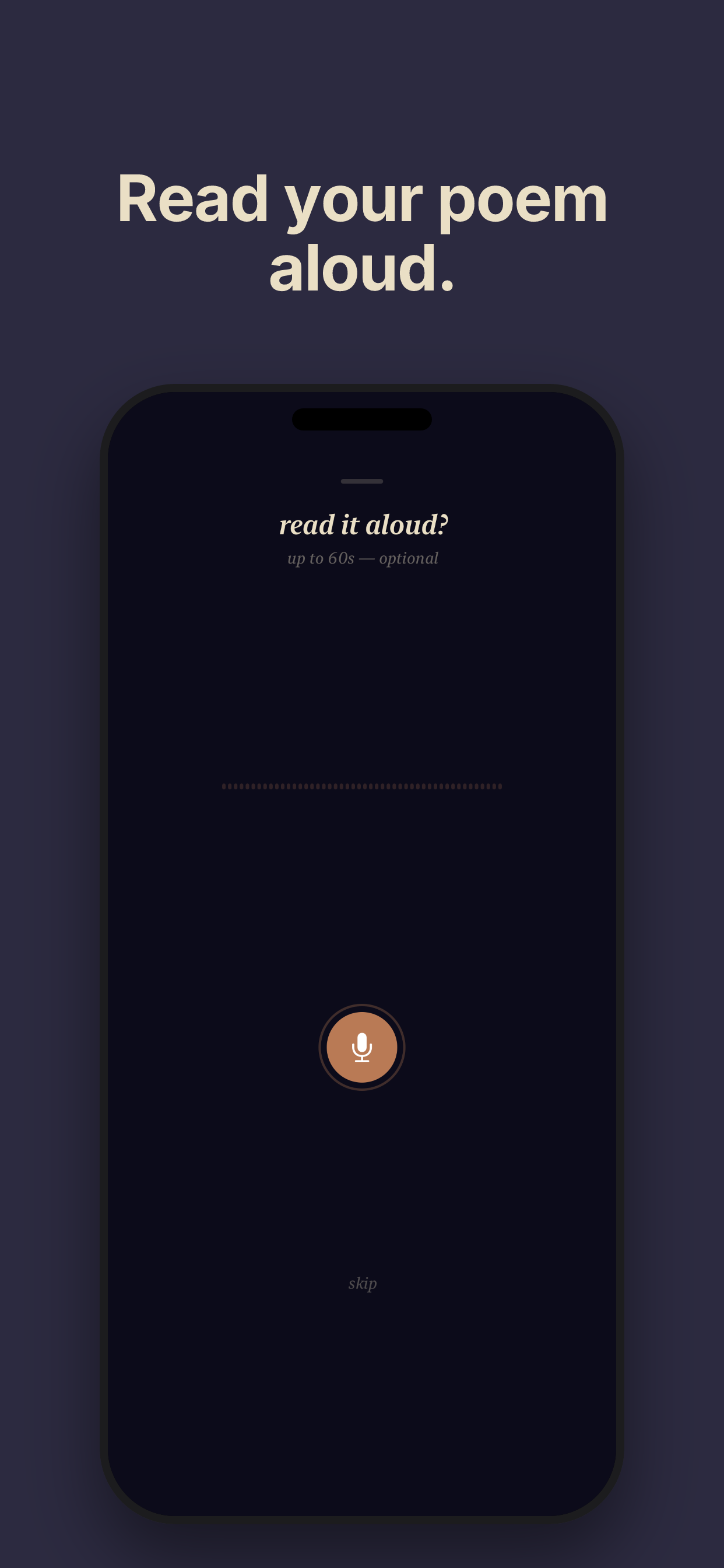 Poema audio recorder showing 'read it aloud? — up to 60s, optional' with waveform