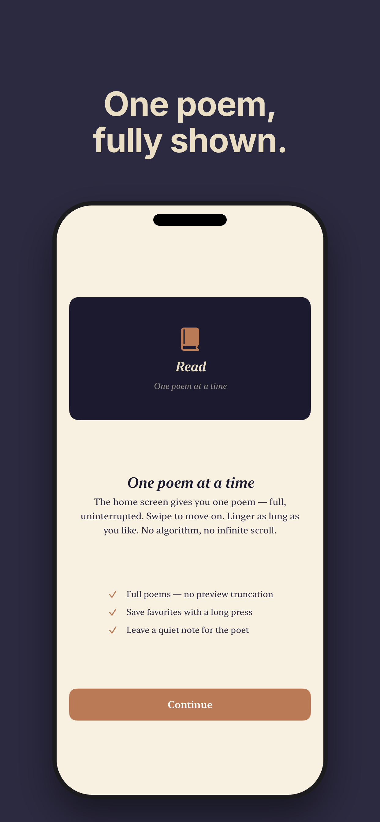 Poema onboarding showing 'One poem at a time — full poems, no preview truncation'